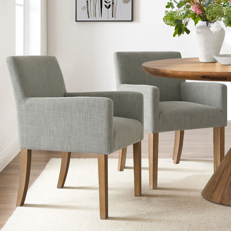 20.5" Seat Height Linen Upholstered Solid Wood Dining Armchair, Beige