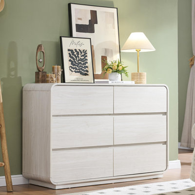 Commode 6 tiroirs White Farmhouse, commode en bois rustique avec texture naturelle, rangement polyvalent pour la chambre à coucher et le salon