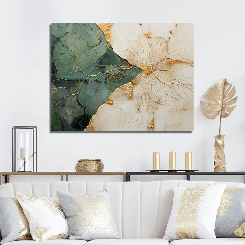 Green Gold Minimalism Poteries I - Abstract Spirals Wall Art, Wrapped Canvas, 16" H x 32" W, No Frame