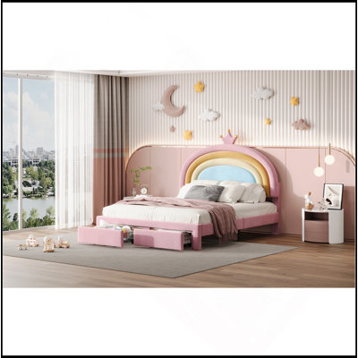 Upholstered Rainbow Design Bed, Velvet Platform Bed With Storage Drawer, No Box-Spring Needed