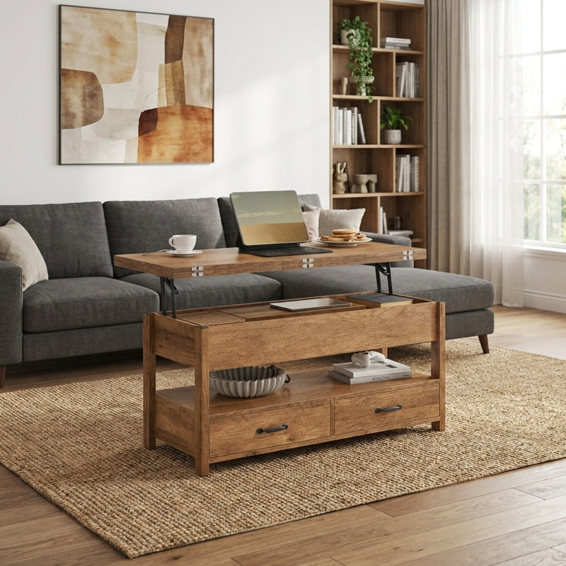Table basse à plateau relevable de 39,4 po avec rangement caché et tiroirs, Brun