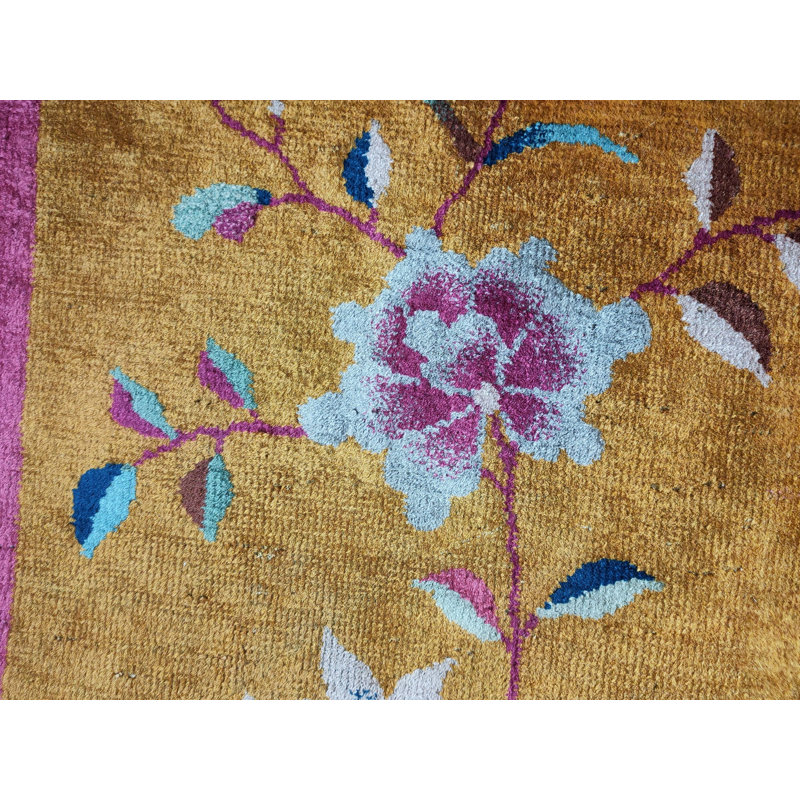 Small Scatter Size Yellow Color Antique Chinese Deco Throw Rug