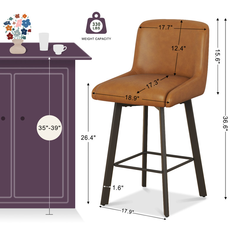 26"H Swivel Counter Height Bar Stools for Kitchen Island, Whiskey Brown, 3, Bar Stool = 26” Seat Height 