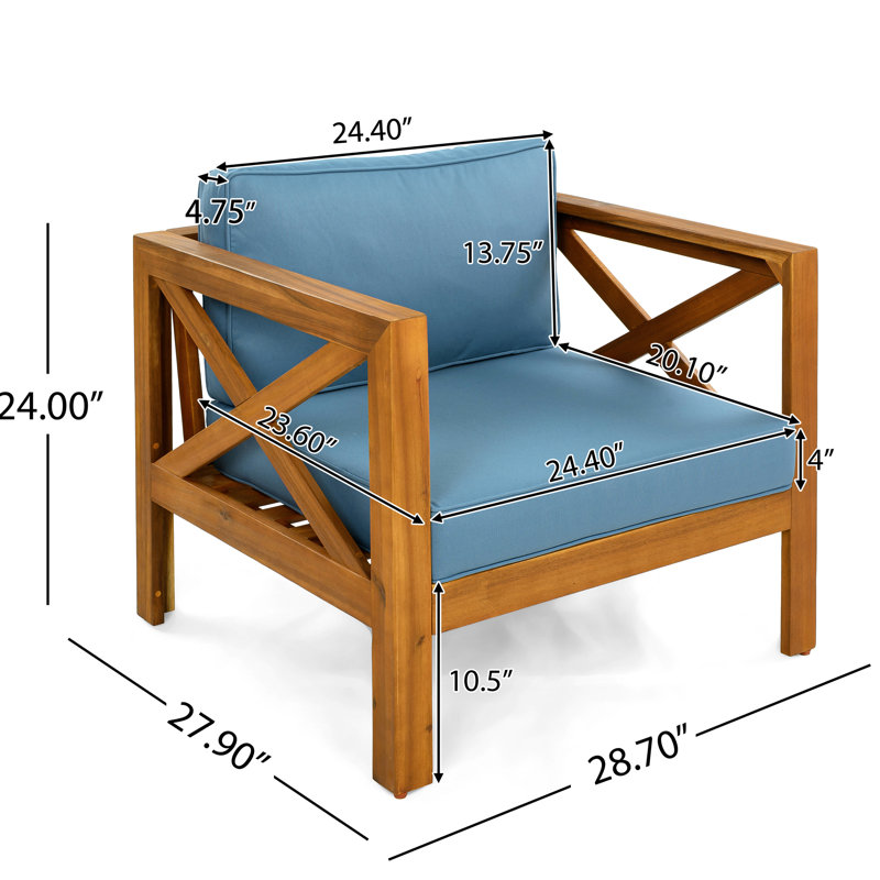 De 2 fauteuils club d'extérieur en bois avec coussins bleus, finition, confortable dans les patios de jardin - Fauteuil idéal pour