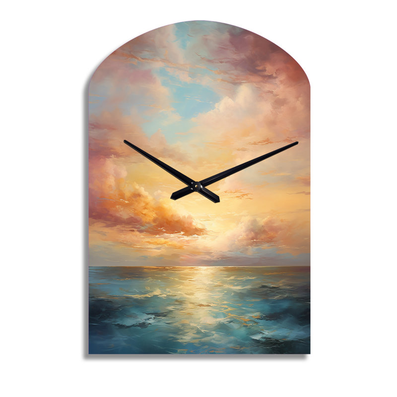 Océan coucher de soleil céleste symphonie - arche coucher de soleil en métal horloge murale, impression d'horloge murale asymétrique