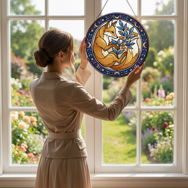 Fox Branch Stained Glass Window Panel，12"H, 12"H