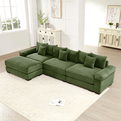 Canapé en forme de L dans des salles familiales spacieuses, canapé modulaire surdimensionné de 130 po en tissu velours côtelé doux, avec repose-pieds, siège profond, accoudoir large, conception ergonomique, 9 coussins, assemblage facile, pour les salons, chambre à coucher, vert