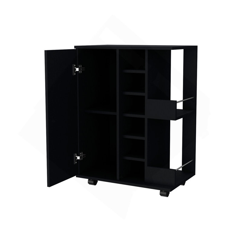 Chariot-bar Tennessee, une armoire avec division, six casiers pour boissons alcoolisées, deux tablettes, Black, Mdf