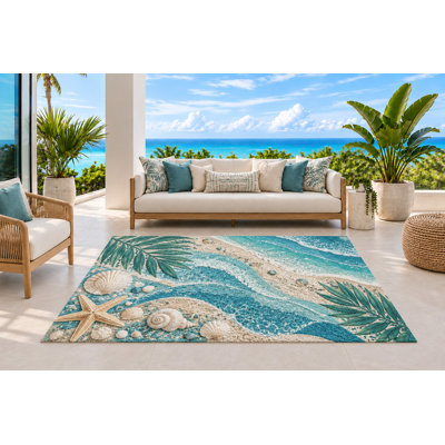 Tapis d'extérieur 152 x 213 cm, motif bord de mer avec étoiles de mer, coquillages et feuilles de palmier, en PVC imperméable à boucles, résistant et à séchage rapide, idéal pour porche, terrasse, balcon ou entrée.