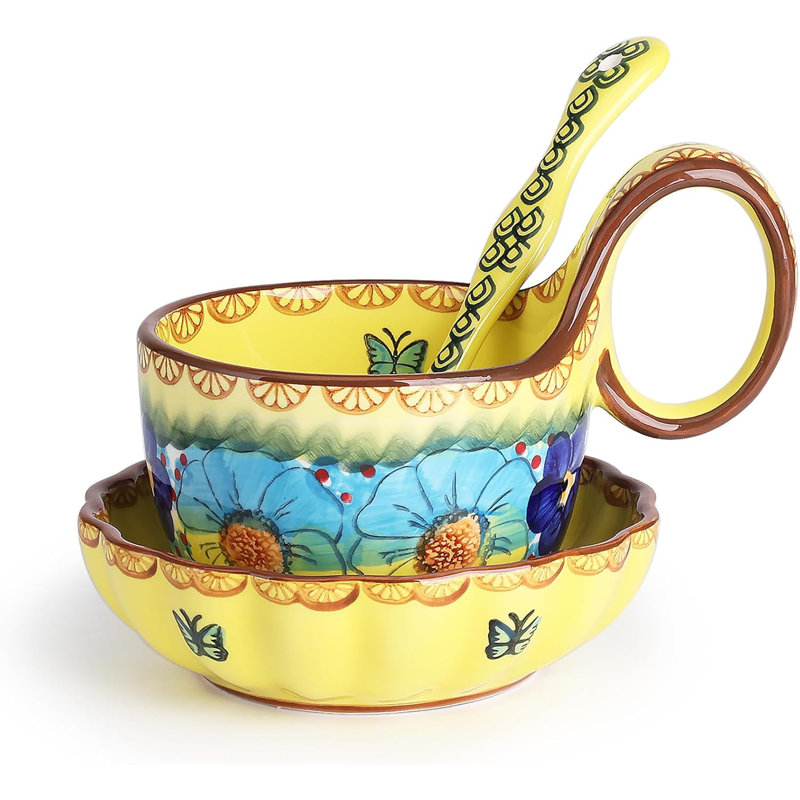 Hand Painted Ceramic Soup Bowl Set with Loop Handle, Plate & Spoon