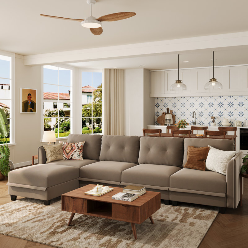 Tomario 5- Piece Upholstered L-Shaped Modular Sectional With Storage, Brown Polyester