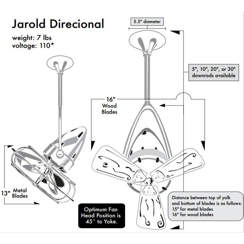 16" Jarold Directional  3 Blade Ceiling Fan, Polished Chrome