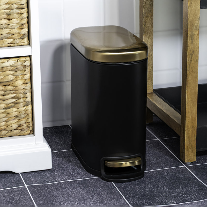 Acento Linea 1.3 Gallon Slim Rectangular Step Trash Can with Soft Close Lid, Removable Inner Bucket and Foot Pedal, Matte Black and Gold
