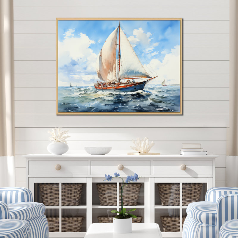 Voilier dans le vent II sur toile, Cadre naturel flottant, 24" H x 32" W