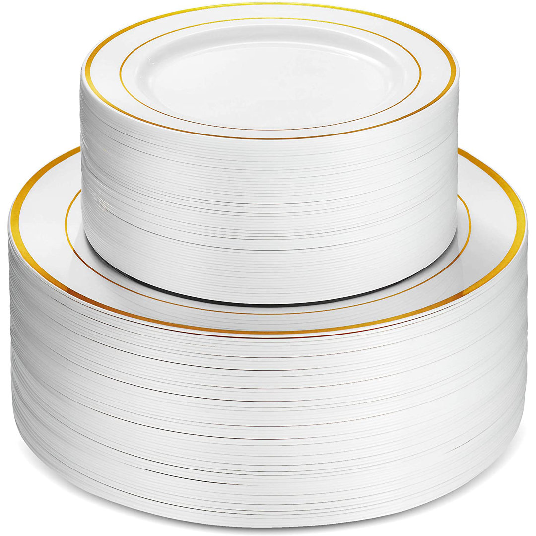 Gold Rim Plastic Plates Party Supplies Kit for 50 Guests Munfix