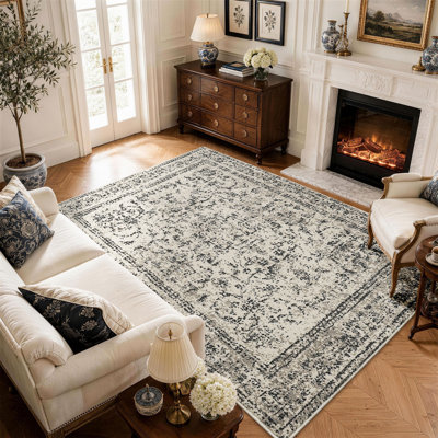 Heirloom Medallion Pattern Polyester Area Rug - Soft Vintage Carpet with Canvas Backing, Classic Floor Rug for Living Room Dining Room
