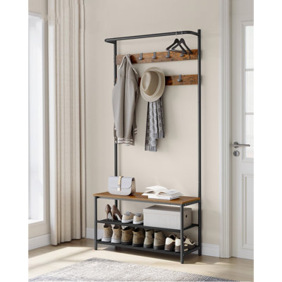 Hall Tree 33.1"W Wide With Bench And Shoe Storage, Entryway Bench With Coat Rack Stand, 9 Movable Hooks, Top Bar