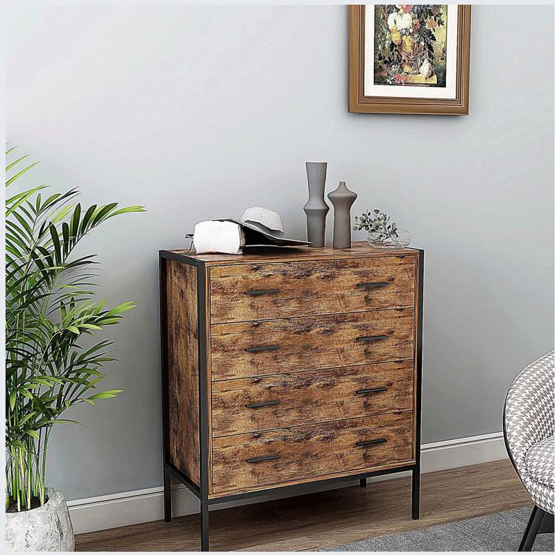 Commode à 4 tiroirs de style industriel, organisateur de vêtements de rangement en bois brun rustique avec structure en acier robuste, commode à 4 tiroirs, armoire de rangement pour chambre à coucher, salon