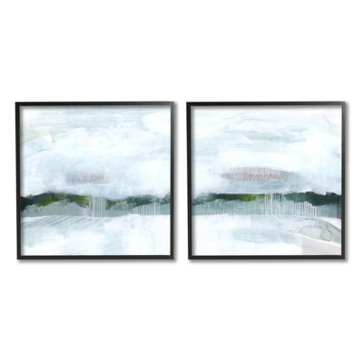 " Rainy Day Abstract Field Landscape Busy Grey Green " 2 - Pieces