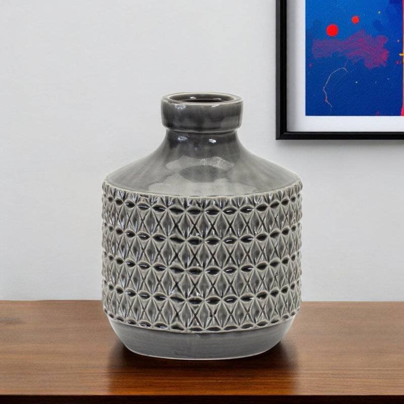 Gray Geometric Cylinder Terracotta Table Vase, 10" H x 6.5" W x 6.5" D