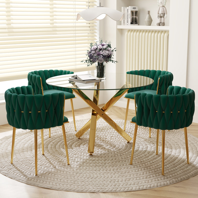 Ensemble de salle à manger Ayron, table de salle à manger avec pieds croisés et chaise de salle à manger en velours, Vert