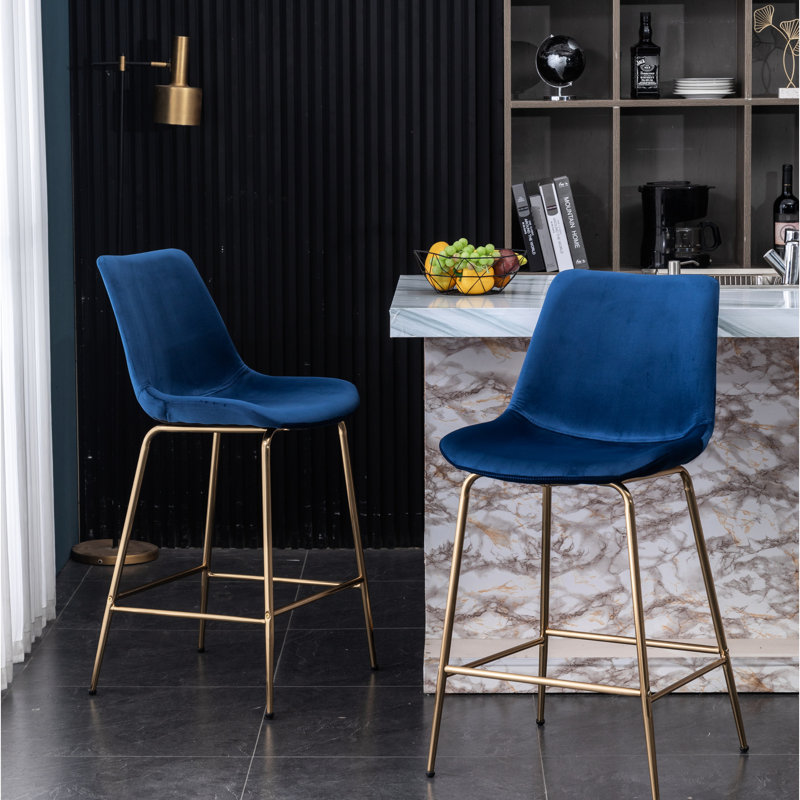 Tabourets modernes de hauteur comptoir (2), velours bleu - fabrication en métal, rembourrage en mousse haute pour tabourets de confort et structure