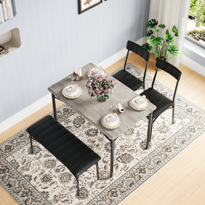 4 Piece Modern Gray Rectangular Dining Table Set with Upholstered Bench and Chairs for Kitchen Dining Room Compact Areas