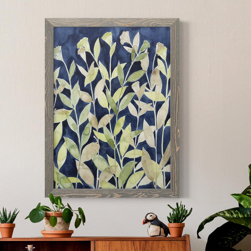 «Indigo Blooming Night I», peinture sur toile encadrée, Cadre gris, H 20 po x l 24 po x P 1 po