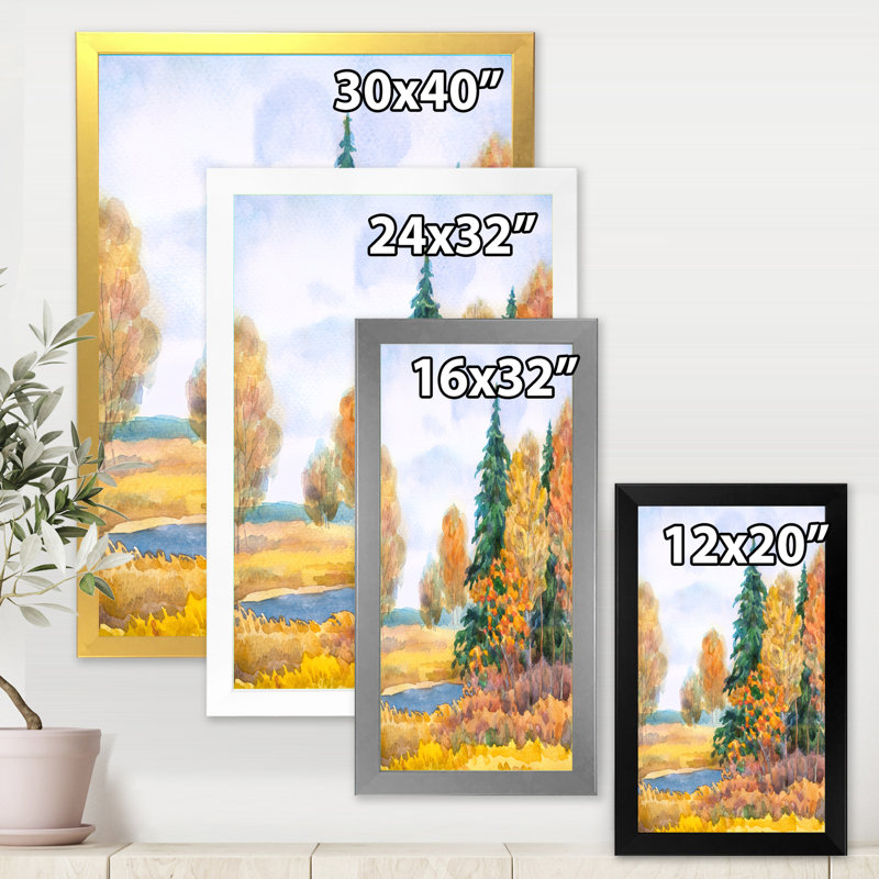 Forêt d'automne au bord du lac - Peinture sur toile, H 40 po x l 30 po x 1,5 po, Toile avec cadre noir