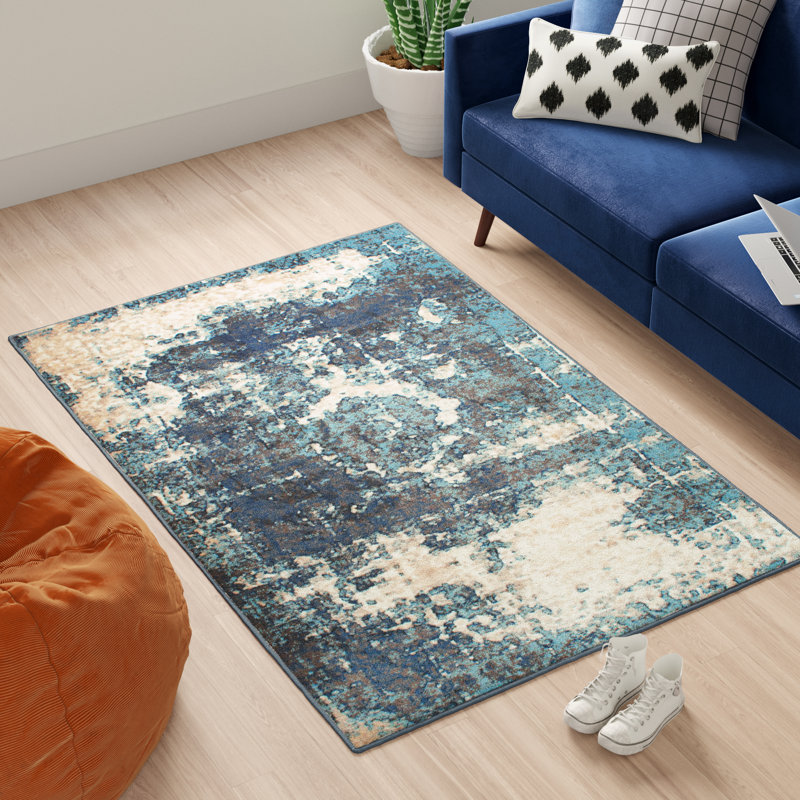 Tapis performance bleu à motif abstrait rétro tissé à la machine Kazu, Rectangle 12 pi x 15 pi