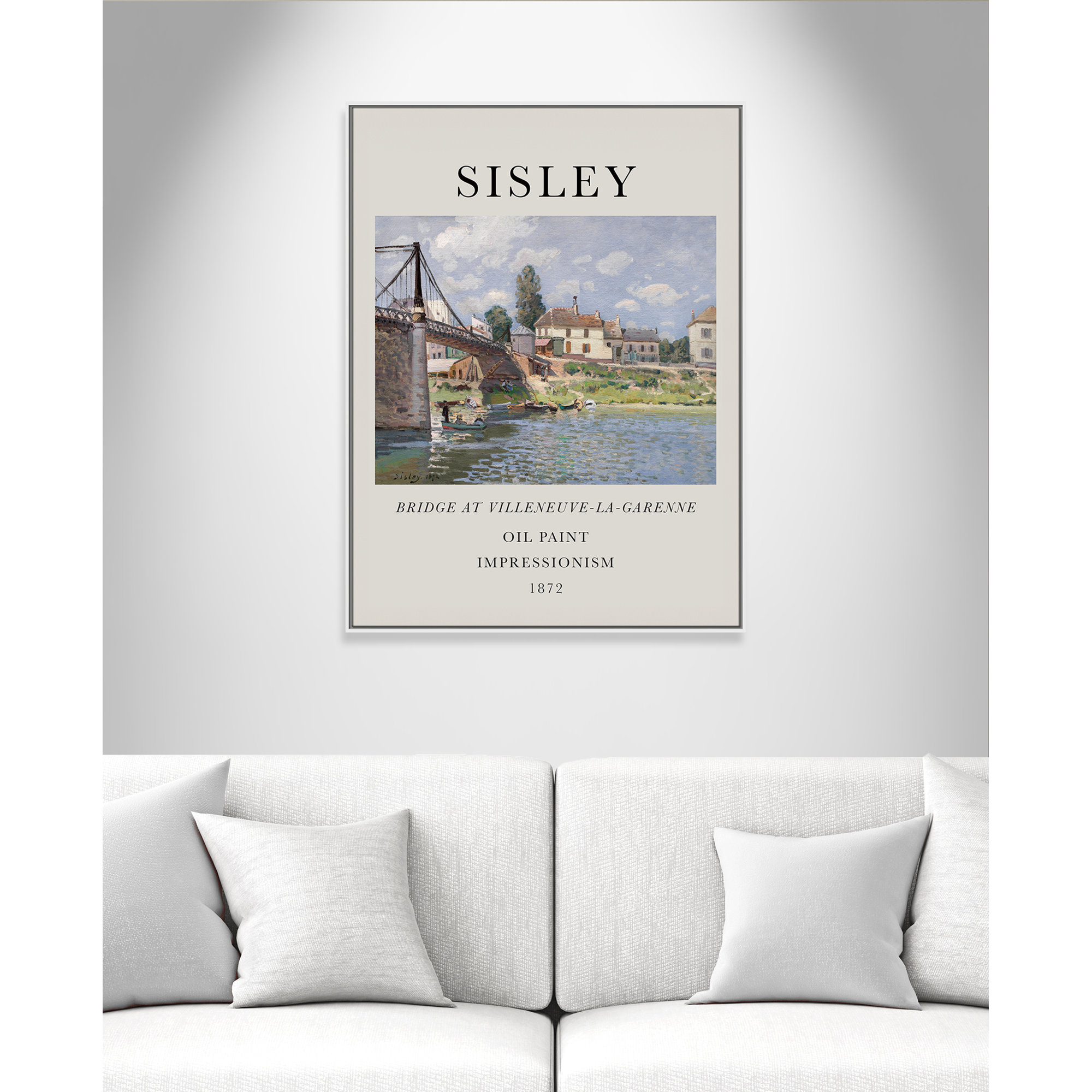 Old Masters Collection " The Bridge At Villeneuve " by Alfred Sisley, White Floater Frame, No, 49.5" H x 37.5" W x 2" D