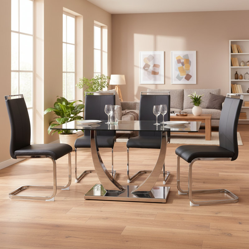 Joniya Modern 63" Rectangular Tempered Glass Dining Set Metal U Base Table with Faux Leather Cantilever Chairs, Silver, Black