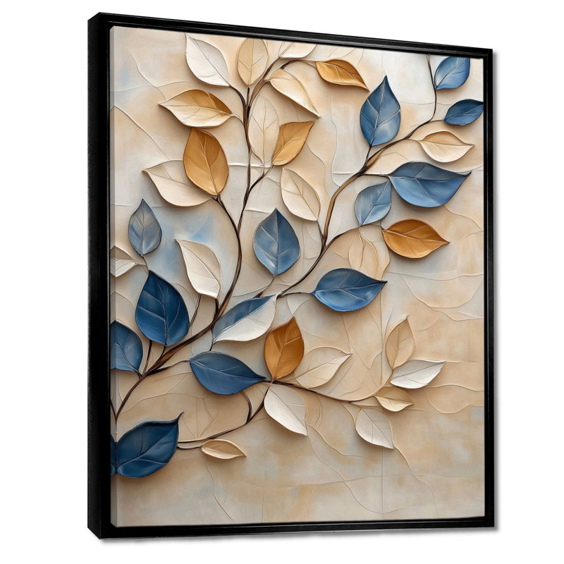 Feuillage bleu azur doré - Tableau botanique sur toile, H 44 po x l 34 po, Cadre flottant noir