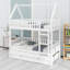 Lit superposé de style maisonnette avec garde-corps, lit gigogne escamotable et tiroirs de rangement intégrés