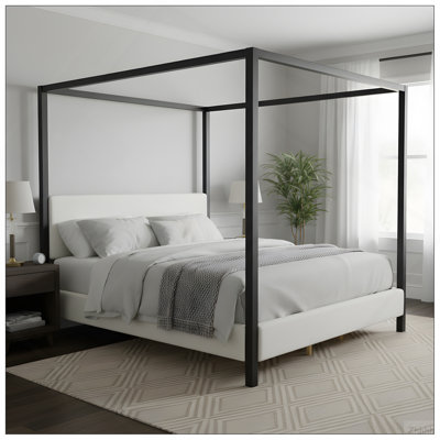 Modern Black Metal Canopy Bed with Plush White Bouclé Upholstery, King