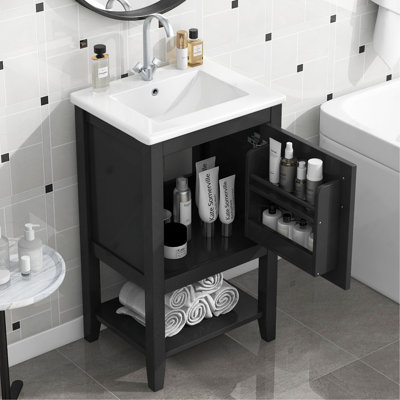 Meuble-lavabo de 20 po avec lavabo, armoire de salle de bain avec porte à fermeture douce, support de rangement et tablette ouverte, noir