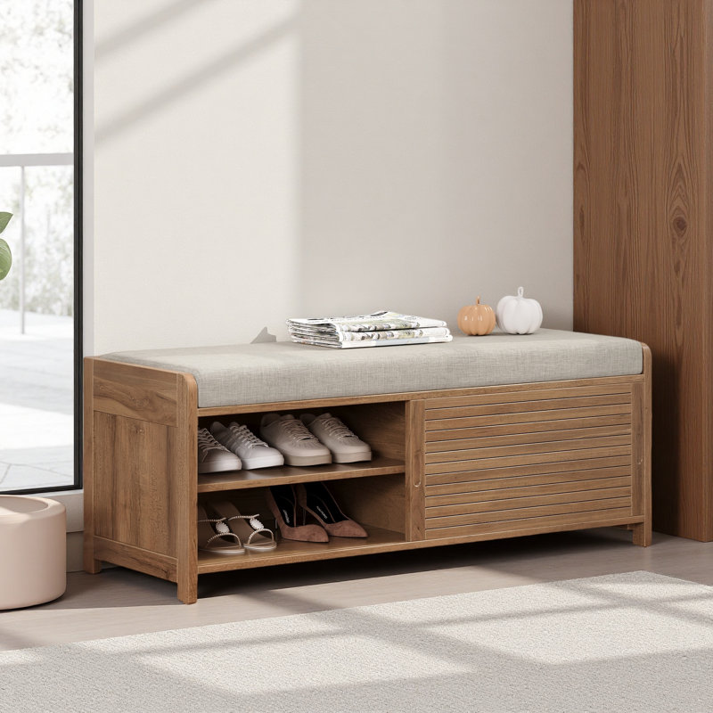 Shoe Bench With Storage And Cushion, Distressed Shutter Storage Bench With Retro Charm For Living Room, White Washed