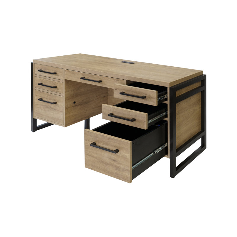 Aukse Executive Desk with Built-In Electrical Outlet, 31" H x 66'' W x 30" D, Light Brown/Black
