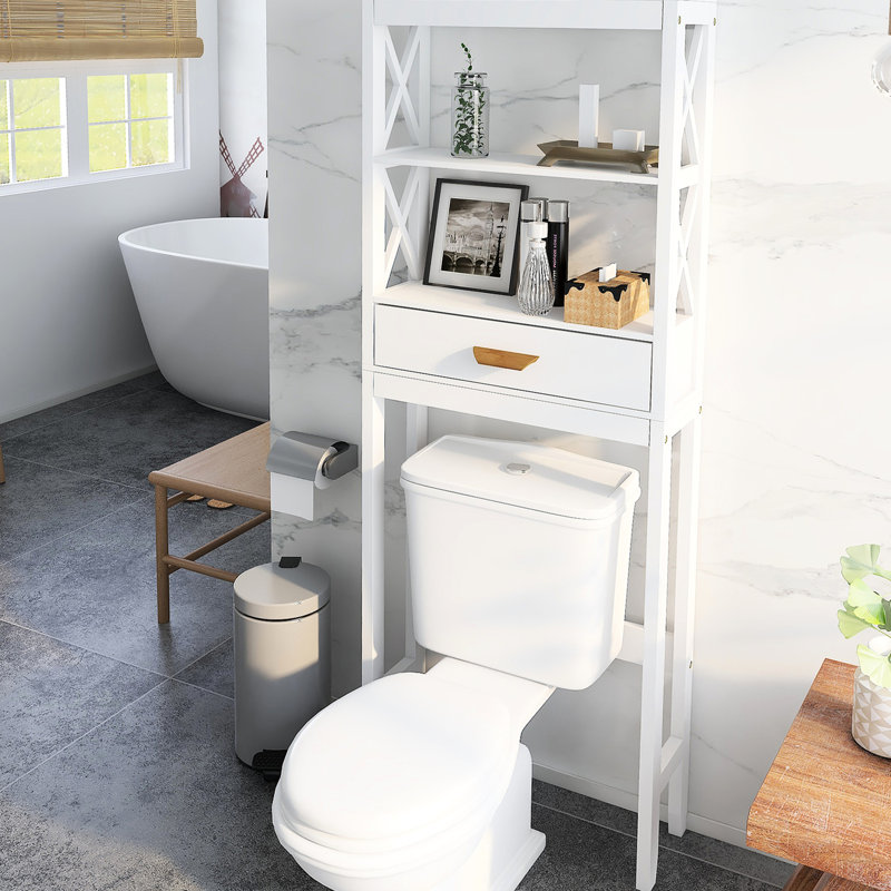 Rangement au-dessus de la salle de bain - Support blanc avec un tiroir et deux tablettes pour les serviettes de toilette