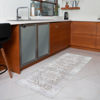 Tapis lavable à la machine avec envers antidérapant à motif floral moderne abstrait beige et crème