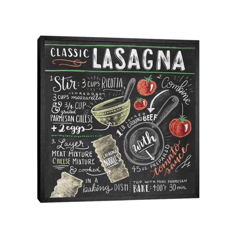 Lasagna Recipe - Print on Canvas, 66.04cm H x 66.04cm W x 3.81cm D, Black Floater Framed