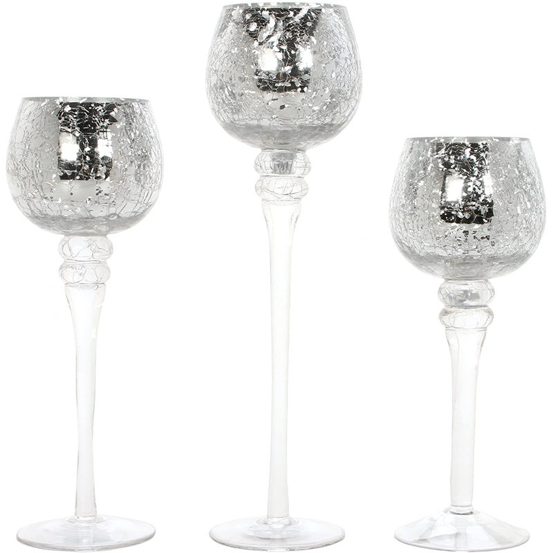 Hosley Set of 3 Metallic Crackle Glass Tealight Holders – 12", 10", 9" Elegant Home Decor, Ambient Lighting, Stylish Centerpieces & Gift Idea