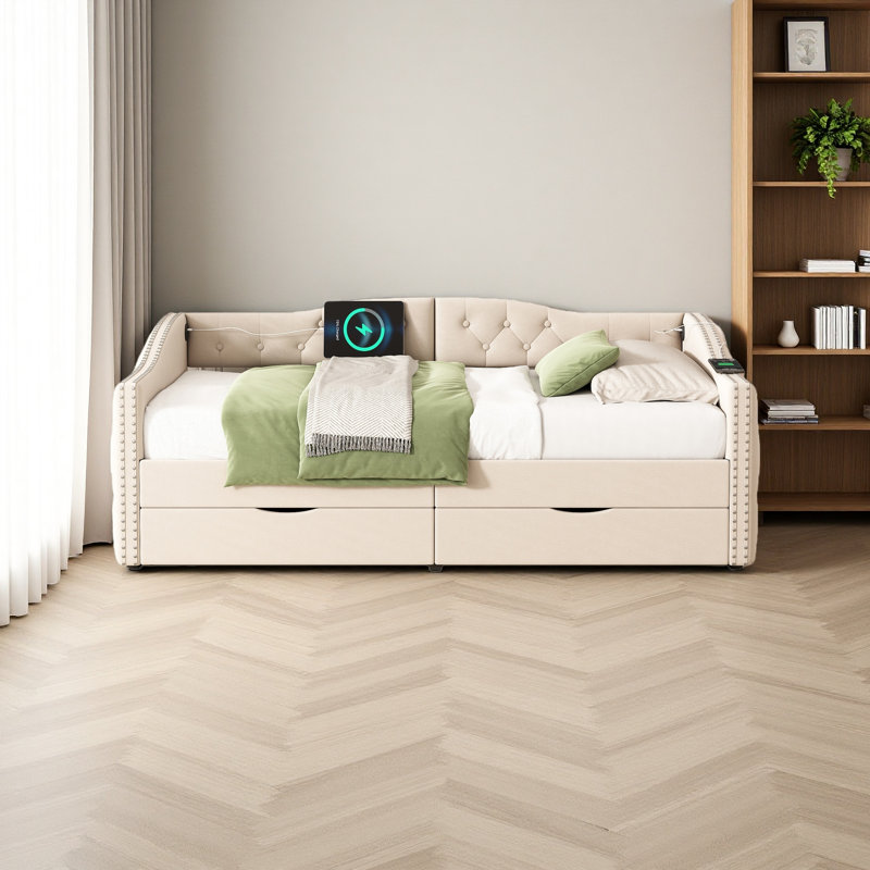 Lit de jour rembourré avec tiroirs de rangement, lit de jour simple en bois, aucun sommier nécessaire