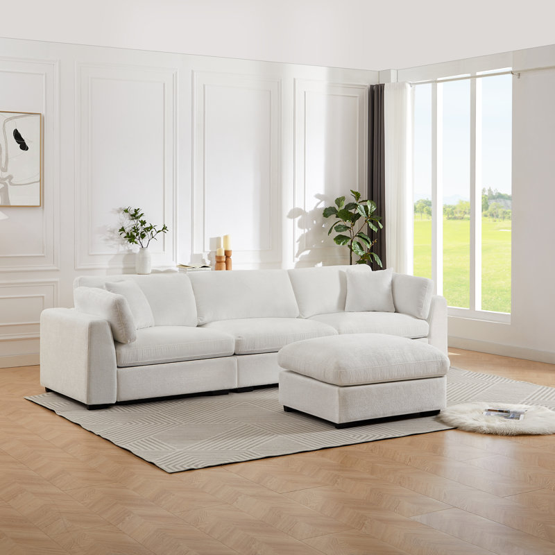 Canapé modulaire avec repose-pieds Aariketh, Polyester blanc, H 36,3 po x l 131,48 po x P 36,6 po