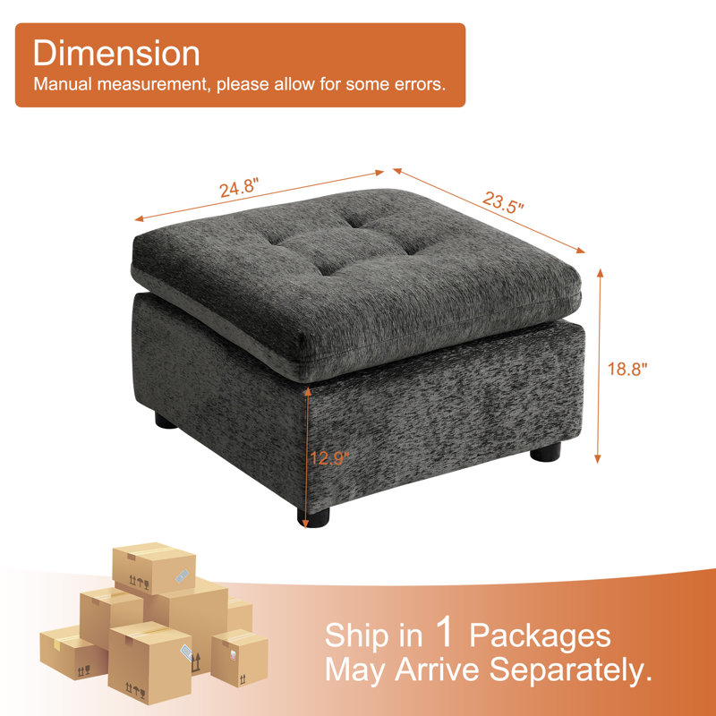 Chenille Tufted Ottoman - Square Accent Stool, Dark Gray