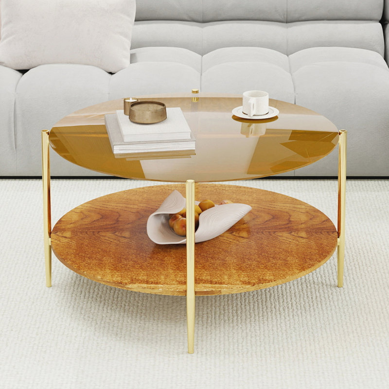 Table basse moderne + verre trempé + rangement et décoration, Doré
