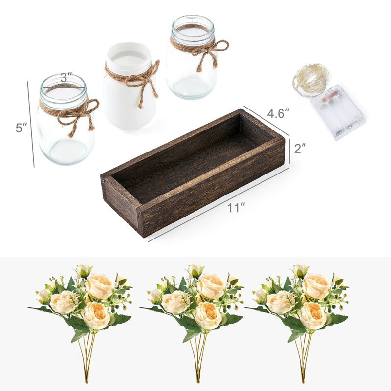 Rustic Wood Tray with Lighted Mason Jars and Faux Flowers