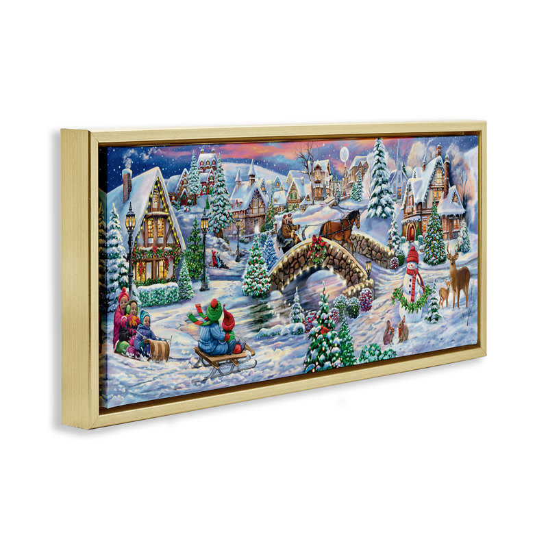 "Snowy Winter Townscape", art mural par Grateful Licensing, H 11 po x l 25 po, Cadre flottant métallique doré