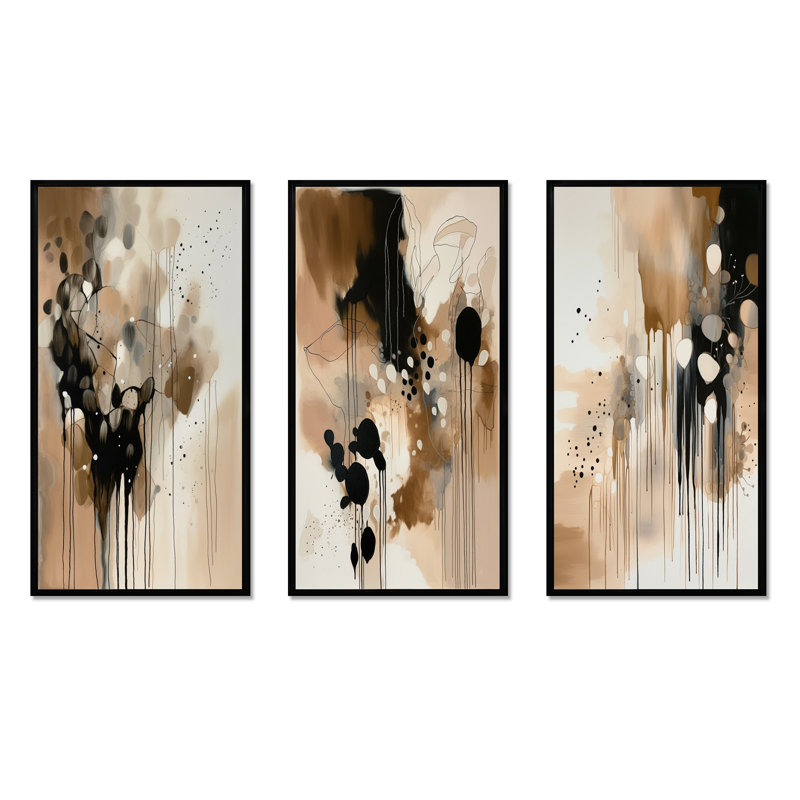 3 pièces sur toile - Abstraction consciente brune, H 32 po x l 48 po, Cadre flottant noir