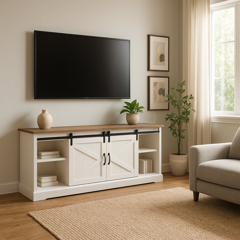 Hoff 67" Farmhouse TV Stand For 75 Inch TV, Media Console With Sliding Barn Doors & Wood Storage Cabinet